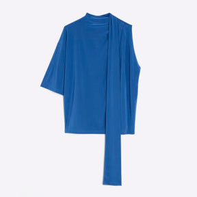 Blue Short Sleeve Scarf Neck Detail Top
