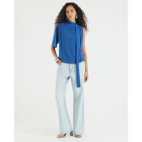 Blue Short Sleeve Scarf Neck Detail Top