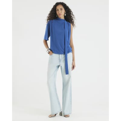 Blue Short Sleeve Scarf Neck Detail Top