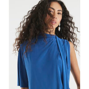 Blue Short Sleeve Scarf Neck Detail Top