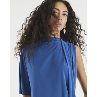Blue Short Sleeve Scarf Neck Detail Top