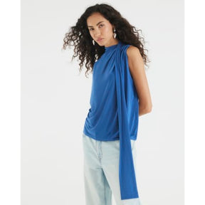 Blue Short Sleeve Scarf Neck Detail Top