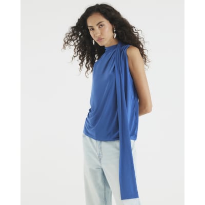 Blue Short Sleeve Scarf Neck Detail Top