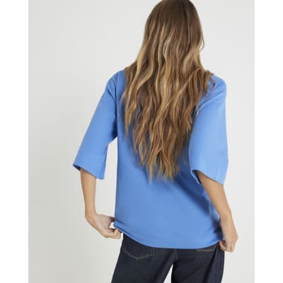 Blue Short Sleeve Scarf Neck T-shirt