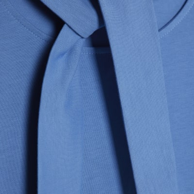 Blue Short Sleeve Scarf Neck T-shirt