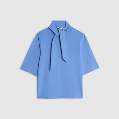 Blue Short Sleeve Scarf Neck T-shirt