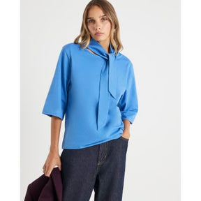 Blue Short Sleeve Scarf Neck T-shirt