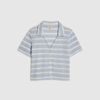 Blue Short Sleeve Striped crochet Shirt