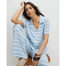 Blue Short Sleeve Striped crochet Shirt
