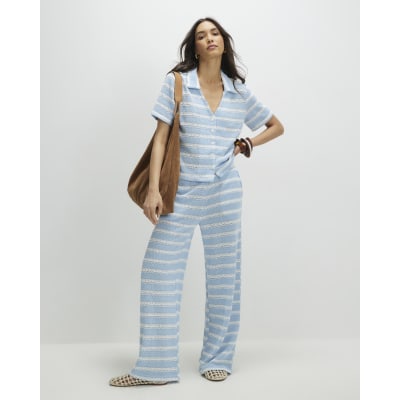 Blue Short Sleeve Striped crochet Shirt