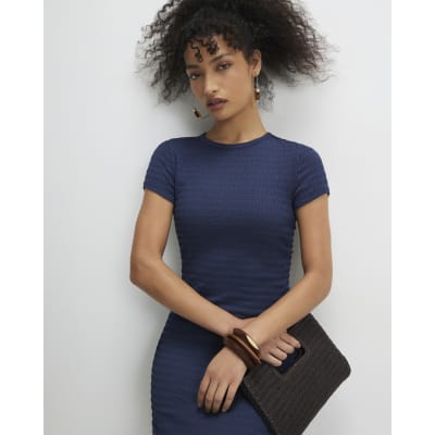 Blue Short Sleeve Textured Midi Dress