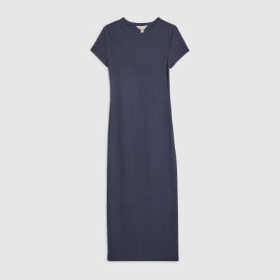 Blue Short Sleeve Textured Midi Dress