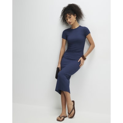 Blue Short Sleeve Textured Midi Dress