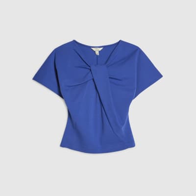 Blue Short Sleeve Twist Front Top