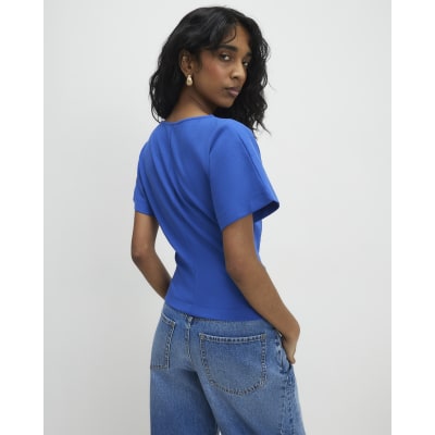 Blue Short Sleeve Twist Front Top