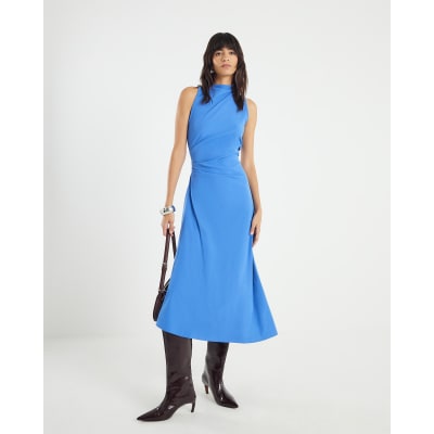 Blue Sleeveless Asymmetric Hem Midi Dress