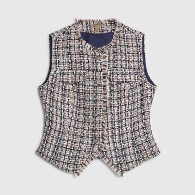 Blue Sleeveless Boucle Fringed Waistcoat