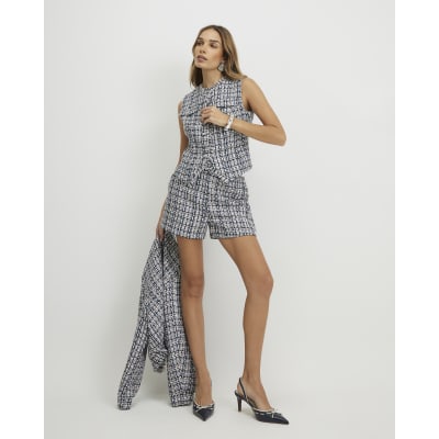 Blue Sleeveless Boucle Fringed Waistcoat