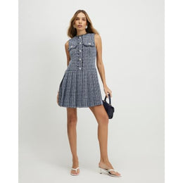 Blue Sleeveless Boucle Pleated Hem Mini Dress