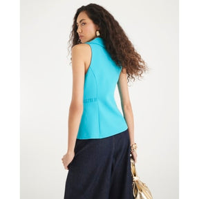 Blue Sleeveless Collared Elastic Waistcoat