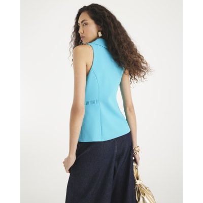 Blue Sleeveless Collared Elastic Waistcoat