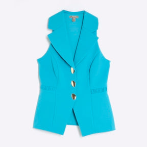 Blue Sleeveless Collared Elastic Waistcoat