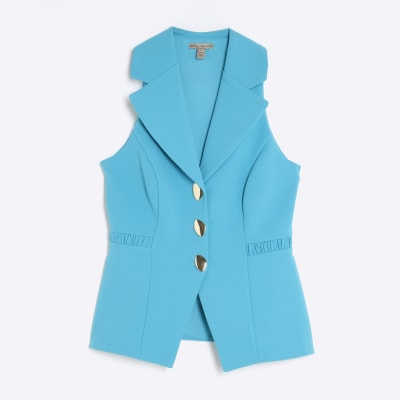 Blue Sleeveless Collared Elastic Waistcoat