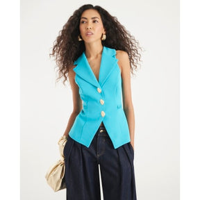 Blue Sleeveless Collared Elastic Waistcoat