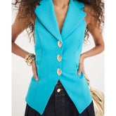 Blue Sleeveless Collared Elastic Waistcoat