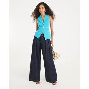 Blue Sleeveless Collared Elastic Waistcoat