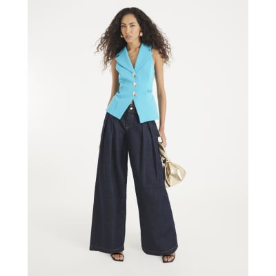 Blue Sleeveless Collared Elastic Waistcoat