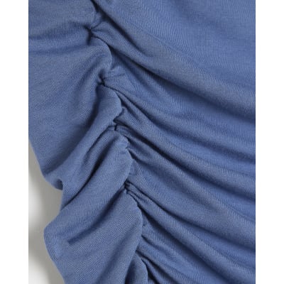 Blue Sleeveless Gathered Drape Tank Top