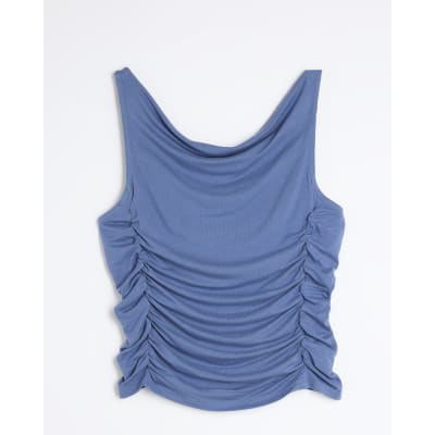 Blue Sleeveless Gathered Drape Tank Top