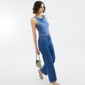 Blue Sleeveless Gathered Drape Tank Top