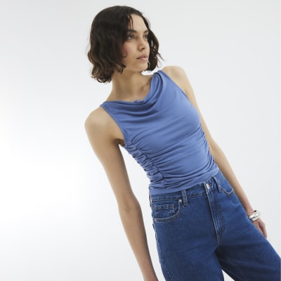 Blue Sleeveless Gathered Drape Tank Top