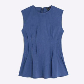 Blue Sleeveless Pintuck Stretch Denim Top