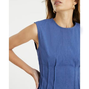 Blue Sleeveless Pintuck Stretch Denim Top