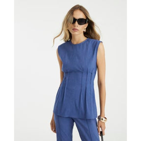 Blue Sleeveless Pintuck Stretch Denim Top