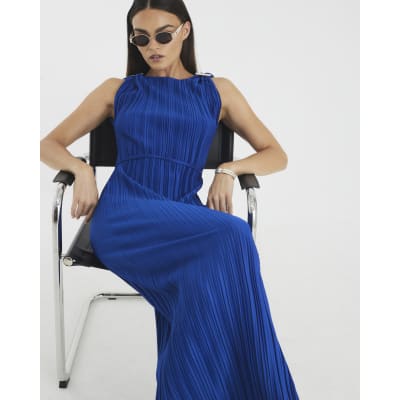 Blue Sleeveless Plisse Belted Midi Dress