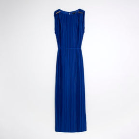 Blue Sleeveless Plisse Belted Midi Dress