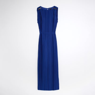 Blue Sleeveless Plisse Belted Midi Dress