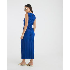 Blue Sleeveless Plisse Belted Midi Dress