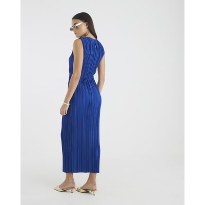 Blue Sleeveless Plisse Belted Midi Dress
