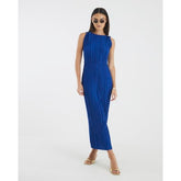 Blue Sleeveless Plisse Belted Midi Dress