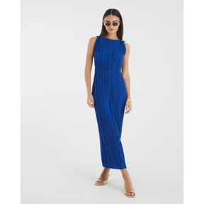 Blue Sleeveless Plisse Belted Midi Dress