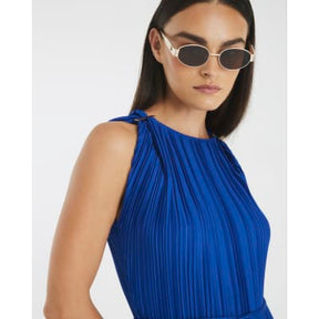 Blue Sleeveless Plisse Belted Midi Dress