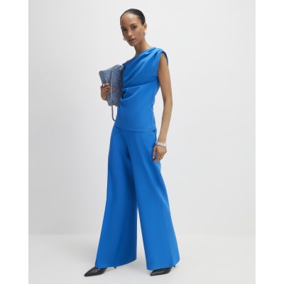 Blue Sleeveless Ponte Drape Top
