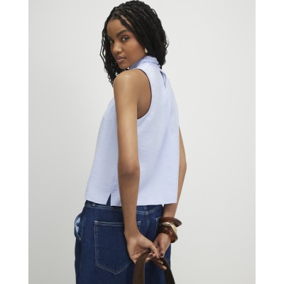 Blue Sleeveless Pussybow Blouse