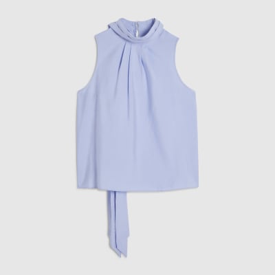Blue Sleeveless Pussybow Blouse