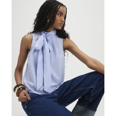 Blue Sleeveless Pussybow Blouse